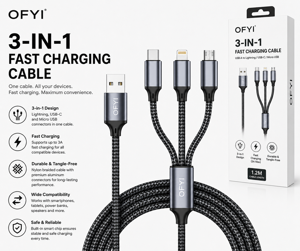 OFYI 3-in-1 Multi Charging Cable - 6 Months Warranty