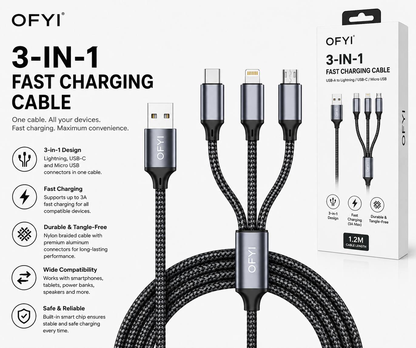 OFYI 3-in-1 Multi Charging Cable - 6 Months Warranty