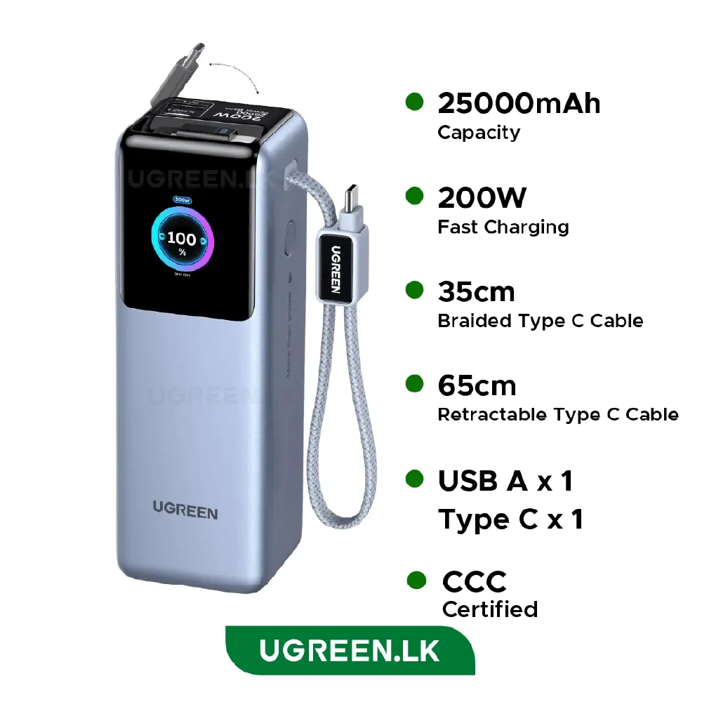 UGREEN 25000mAh – 200W Nexode Pro Power Bank with 35cm Braided Cable + 65cm Retractable Cable – PB728 – 75702B – 1 Year Warranty