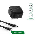 UGREEN 20W Type-C PD Fast Charger With MFI Type-C to Lightning 1 Meter Cable Set – Black – CD137 – 60624 – 1 Year Warranty