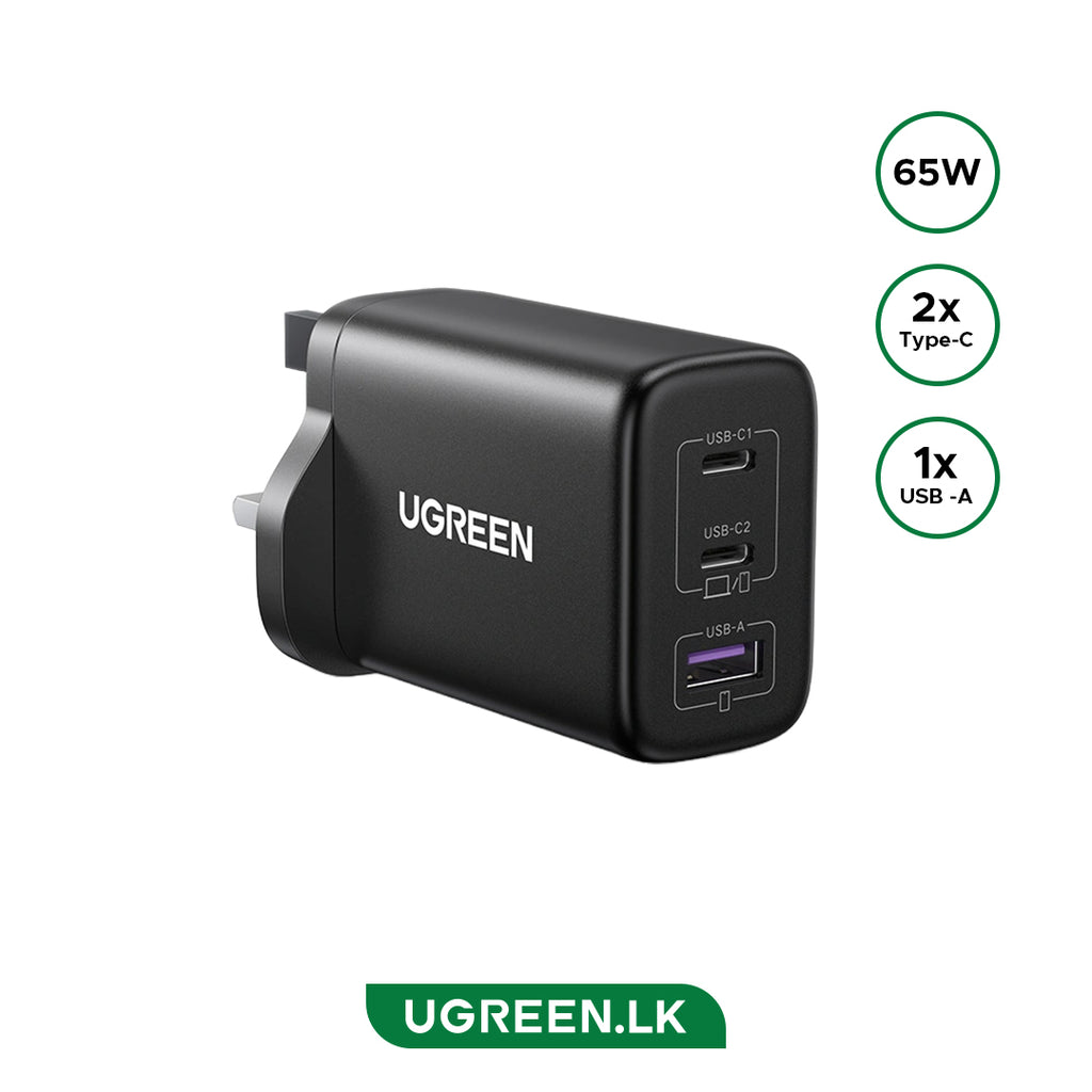 UGREEN 65W 3-Port (1A+2C) Fast Charger UK version – CD275 – 55333 – 1 Year Warranty