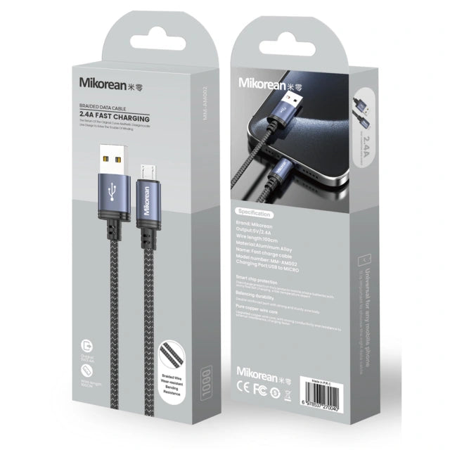 Mikorean USB-A to Micro USB 2.4A Fast Charging Braided Cable