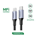 UGREEN 1 Meter MFI Certified Type-C to Lightning Aluminum Shell Braided Cable – US304 – 60759 – 1 Year Warranty