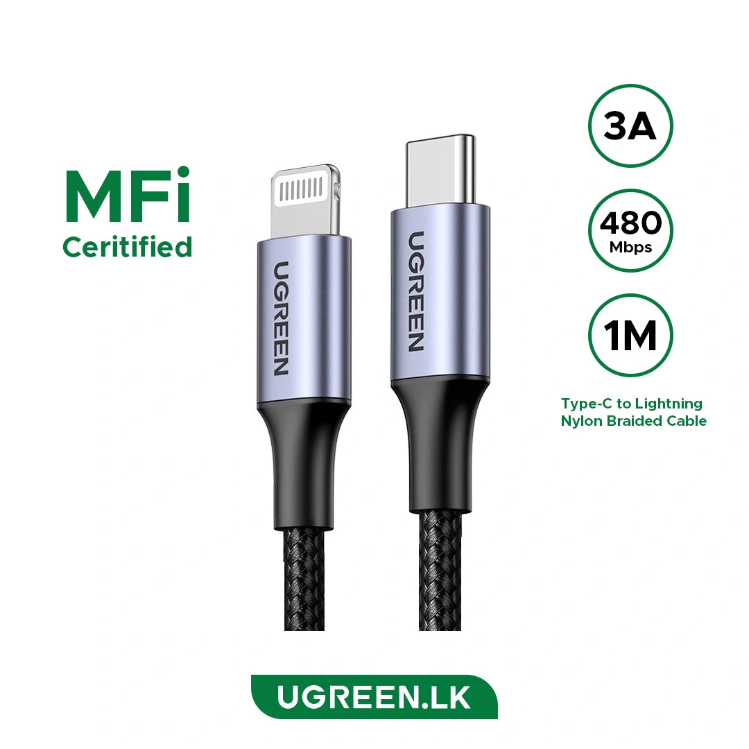 UGREEN 1 Meter MFI Certified Type-C to Lightning Aluminum Shell Braided Cable – US304 – 60759 – 1 Year Warranty