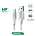 UGREEN 1 Meter MFI Certified USB – A to Lightning Nylon Braided Alu Case Cable – US199 – 60161 – 1 Year Warranty
