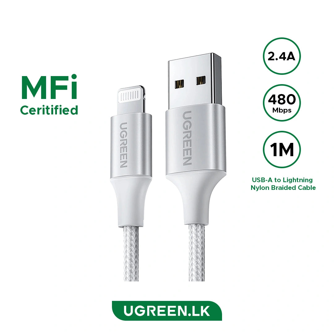 UGREEN 1 Meter MFI Certified USB – A to Lightning Nylon Braided Alu Case Cable – US199 – 60161 – 1 Year Warranty