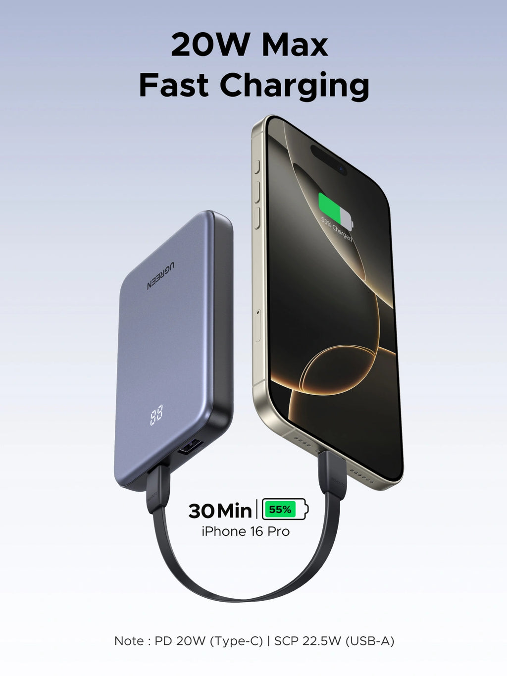 UGREEN 10000mAh 20W Zapix Series Two-way Fast Charging Power Bank – PB507 – 75131B – 1 Year Warranty