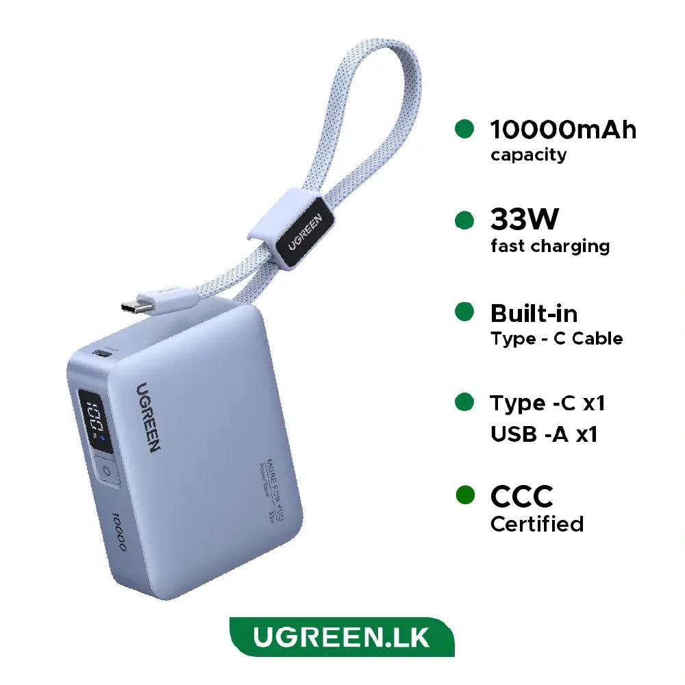 UGREEN 10000mAh 33W Fast Charging Power Bank With Type C Cable – PB584 – 75173B – 1 Year Warranty