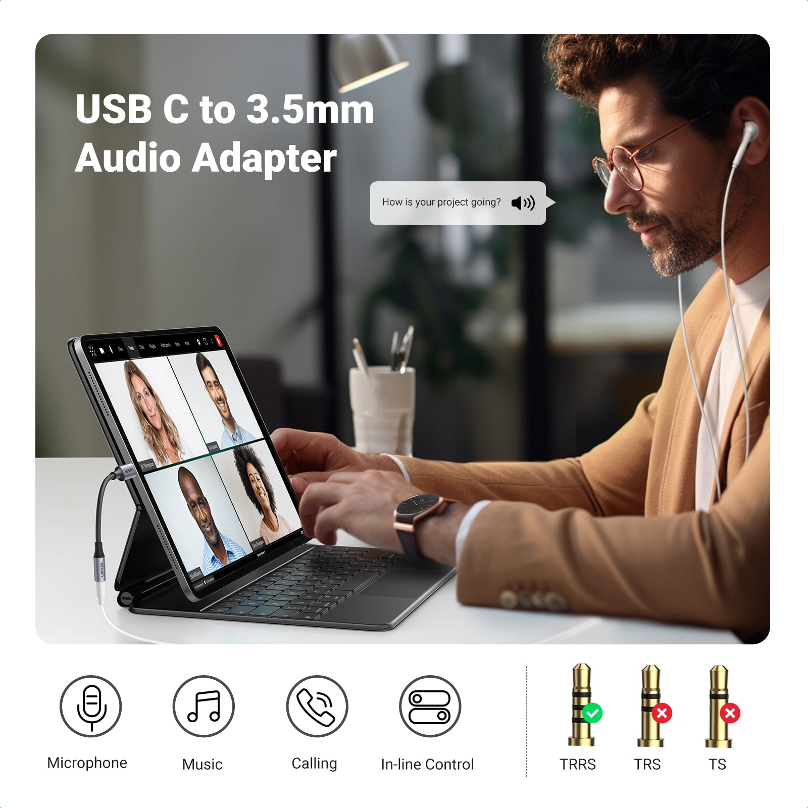 UGREEN 10cm Type-C to 3.5mm Female DAC Chip Cable Aluminum Shell with Braided – AV161 – 80154 – 1 Year Warranty