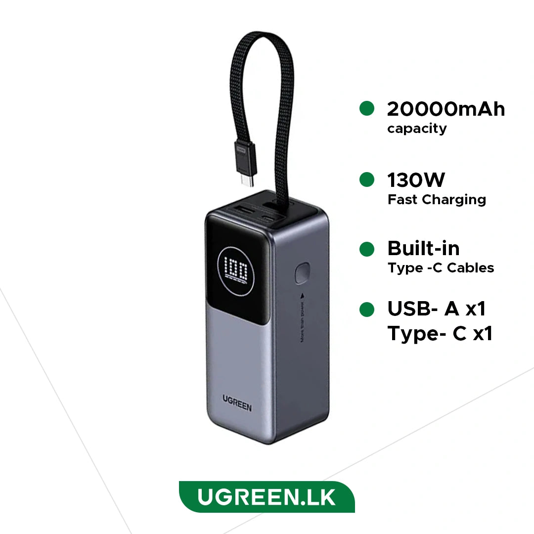 UGREEN 20000mAh 130W Nexode Smart Display Power Bank with Built-in Cable – PB723 – 55365B – 1 Year Warranty