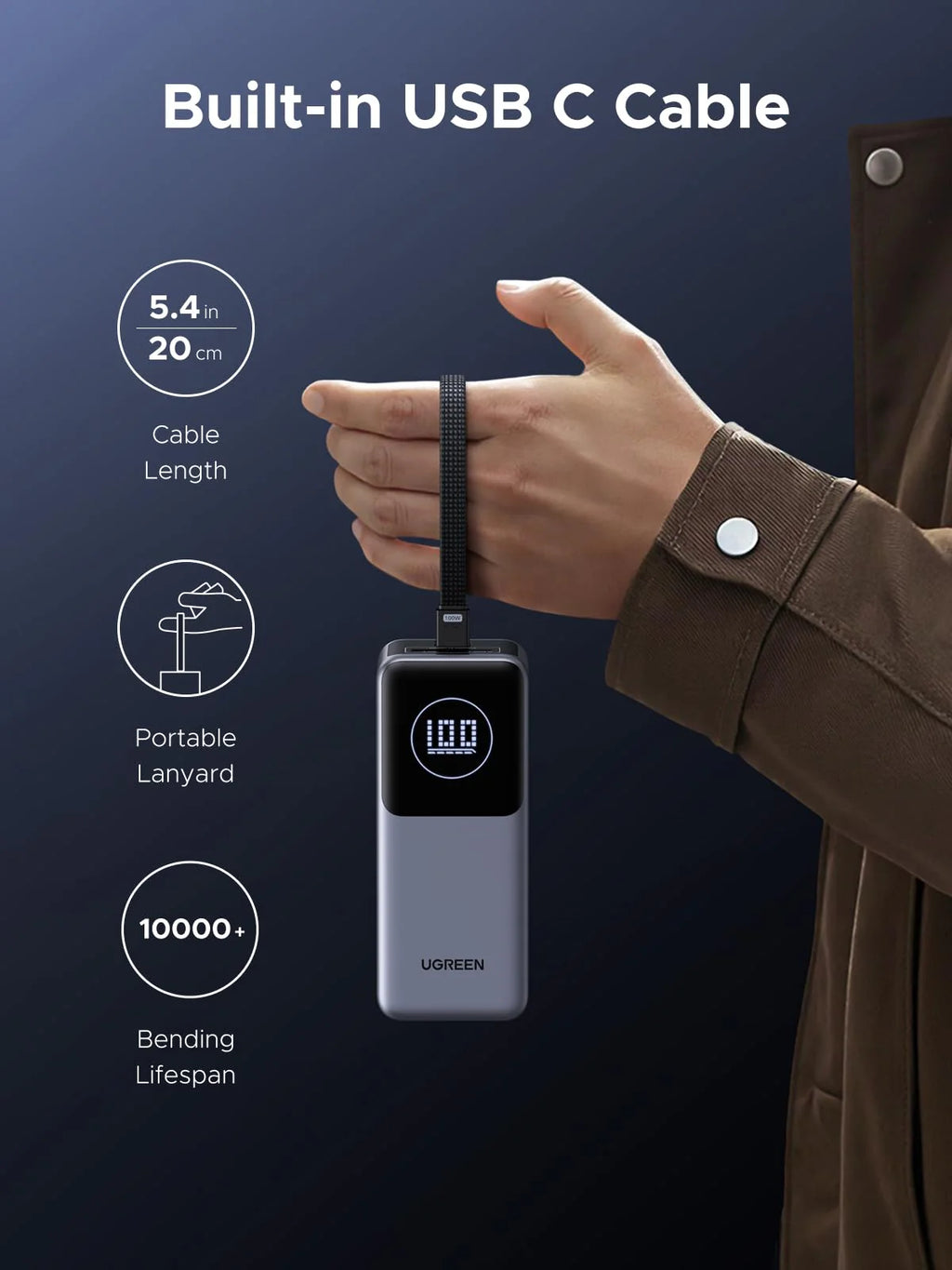 UGREEN 20000mAh 130W Nexode Smart Display Power Bank with Built-in Cable – PB723 – 55365B – 1 Year Warranty