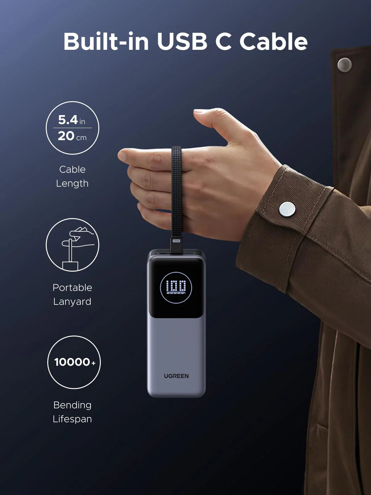 UGREEN 20000mAh 130W Nexode Smart Display Power Bank with Built-in Cable – PB723 – 55365B – 1 Year Warranty