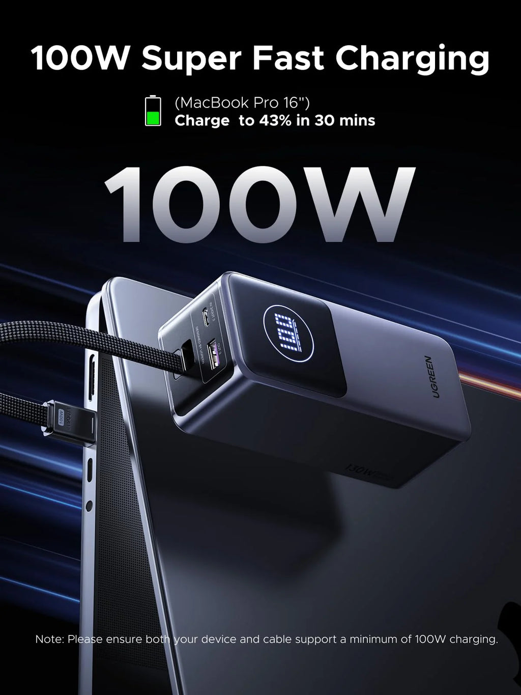 UGREEN 20000mAh 130W Nexode Smart Display Power Bank with Built-in Cable – PB723 – 55365B – 1 Year Warranty