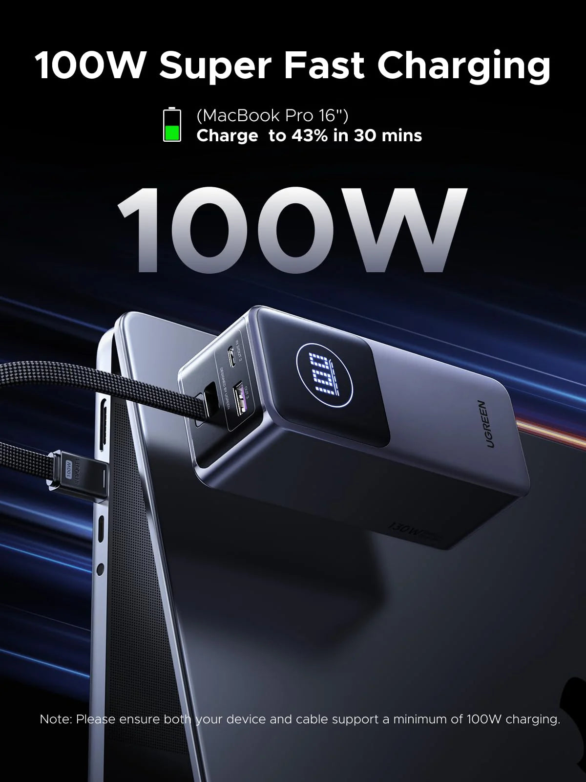 UGREEN 20000mAh 130W Nexode Smart Display Power Bank with Built-in Cable – PB723 – 55365B – 1 Year Warranty
