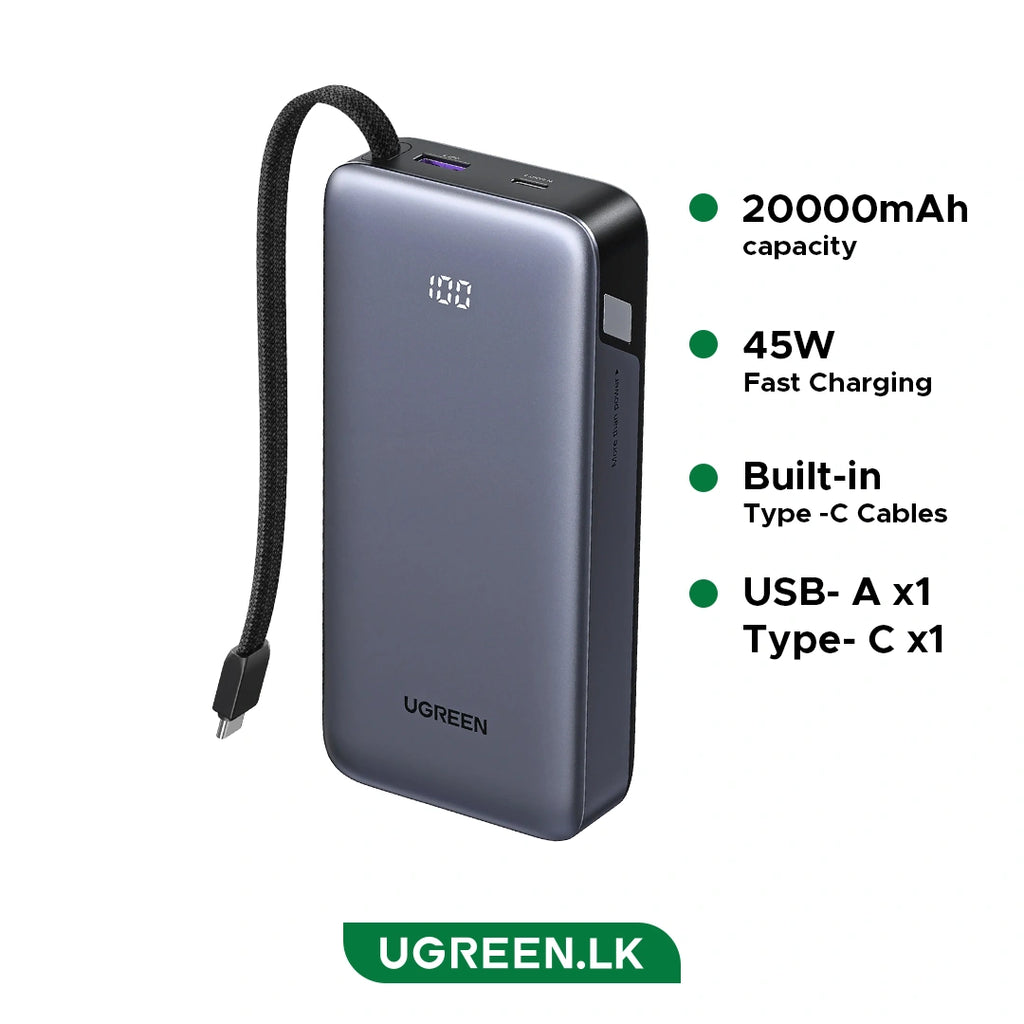 UGREEN 20000mAh 45W Power Bank with Built-in Cable – PB536 – 55988B – 1 Year Warranty