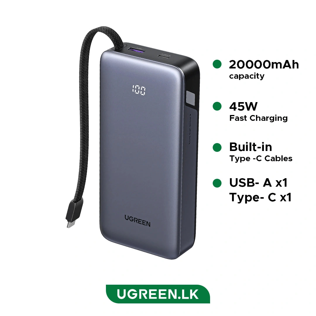 UGREEN 20000mAh 45W Power Bank with Built-in Cable – PB536 – 55988B – 1 Year Warranty