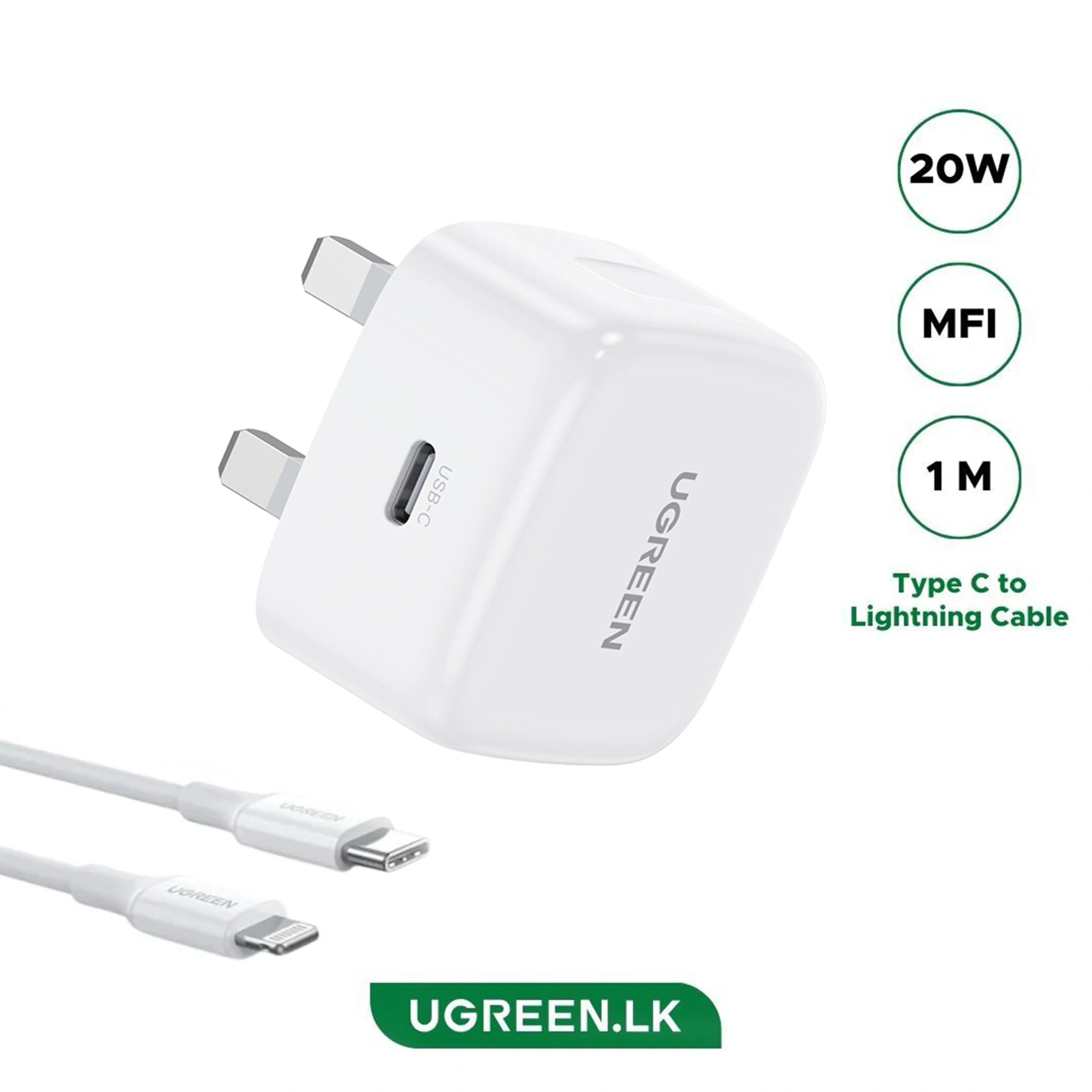 UGREEN 20W Type-C PD Fast Charger With MFI Type-C to Lightning 1 Meter Cable Set – CD137 – 70297 – 1 Year Warranty