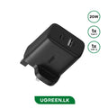 UGREEN 20W Type-C + USB A Port Fast Charger UK Pin (Black)- X227 – 45304 – 1 Year Warranty