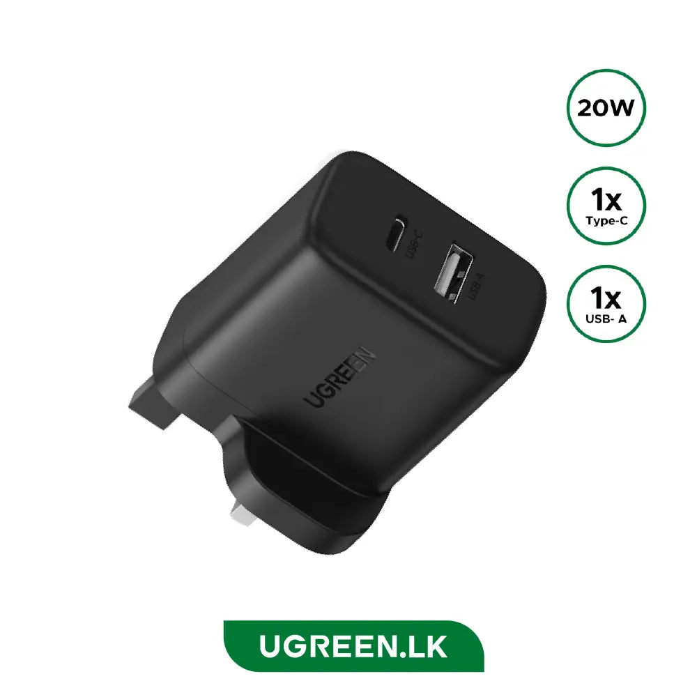 UGREEN 20W Type-C + USB A Port Fast Charger UK Pin (Black)- X227 – 45304 – 1 Year Warranty