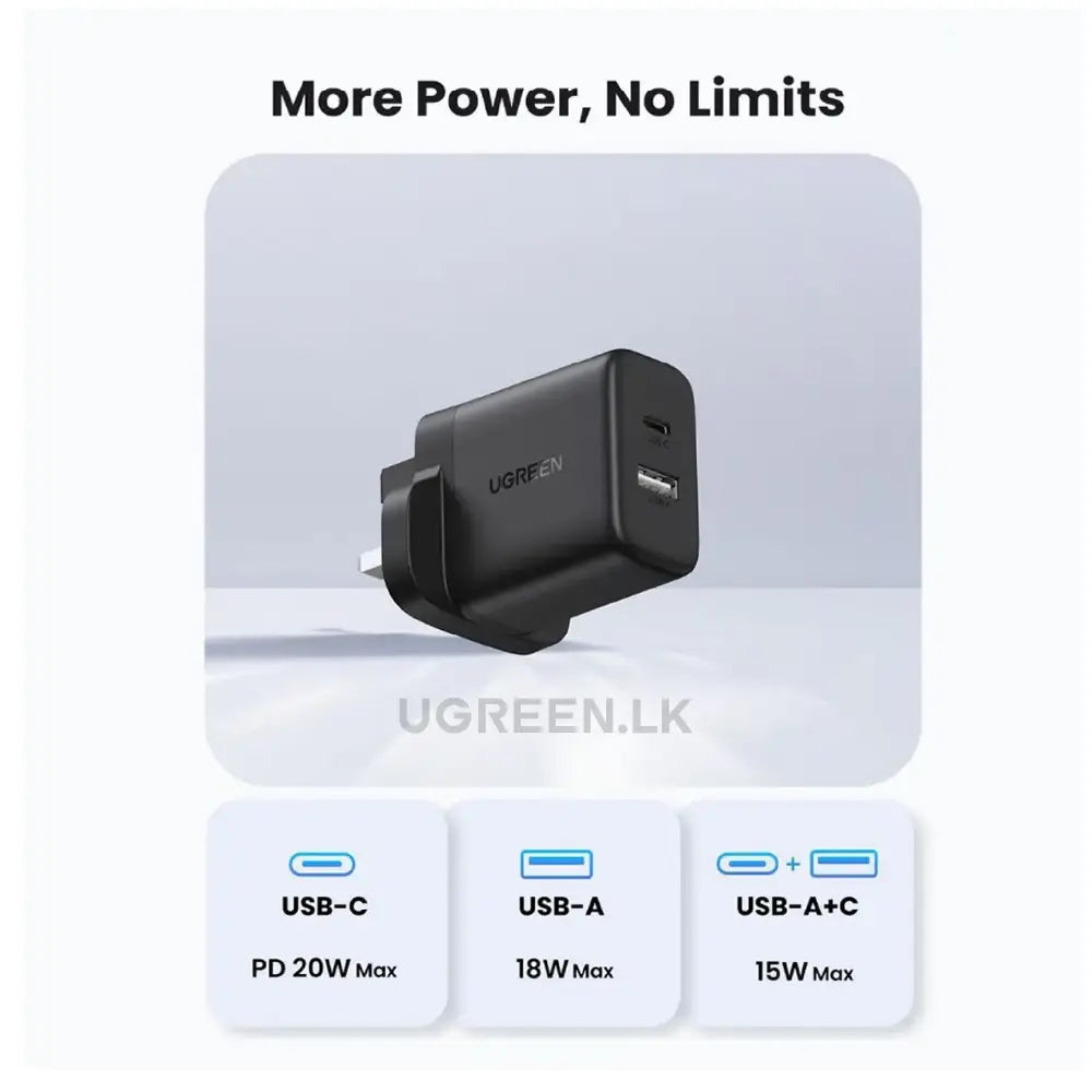 UGREEN 20W Type-C + USB A Port Fast Charger UK Pin (Black)- X227 – 45304 – 1 Year Warranty