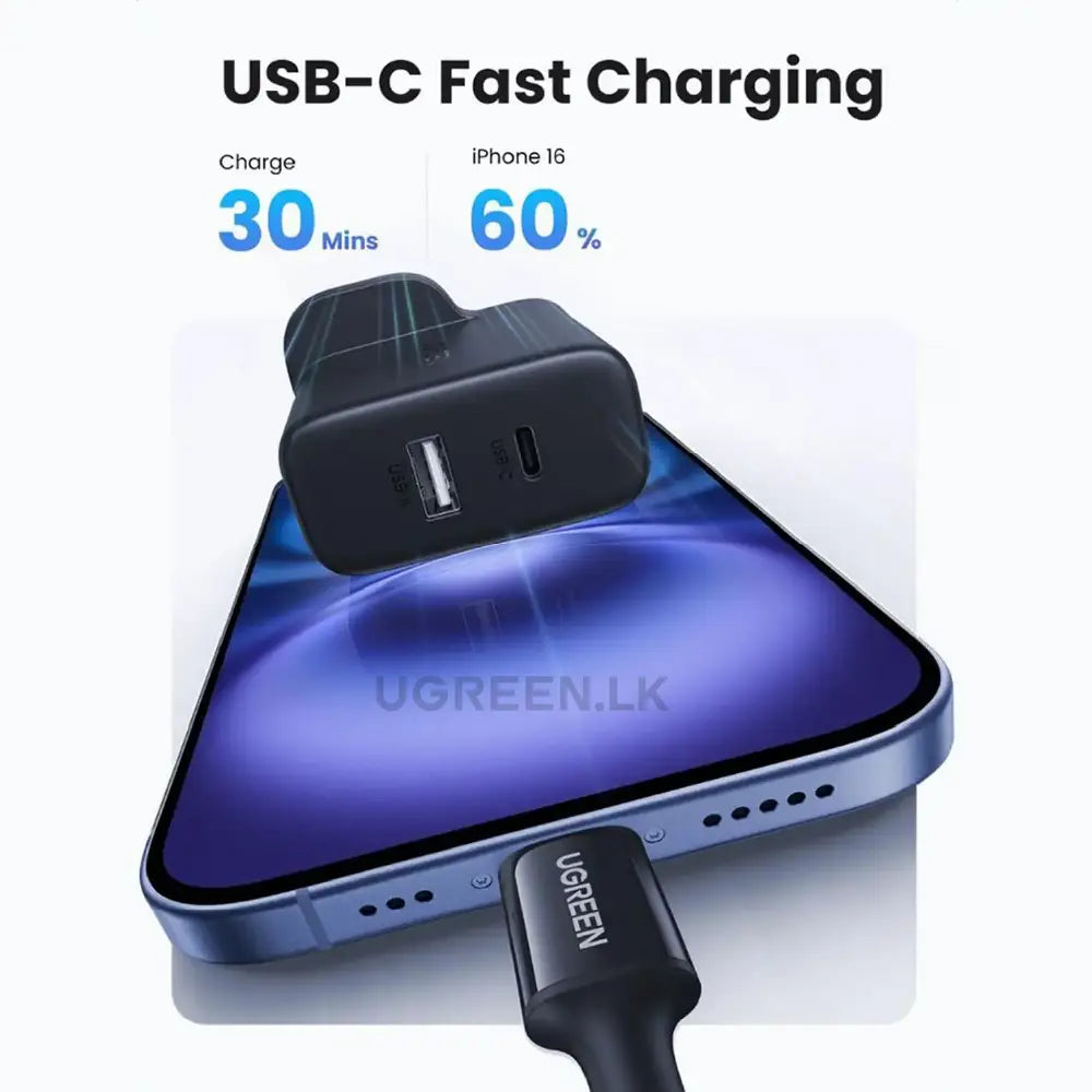 UGREEN 20W Type-C + USB A Port Fast Charger UK Pin (Black)- X227 – 45304 – 1 Year Warranty