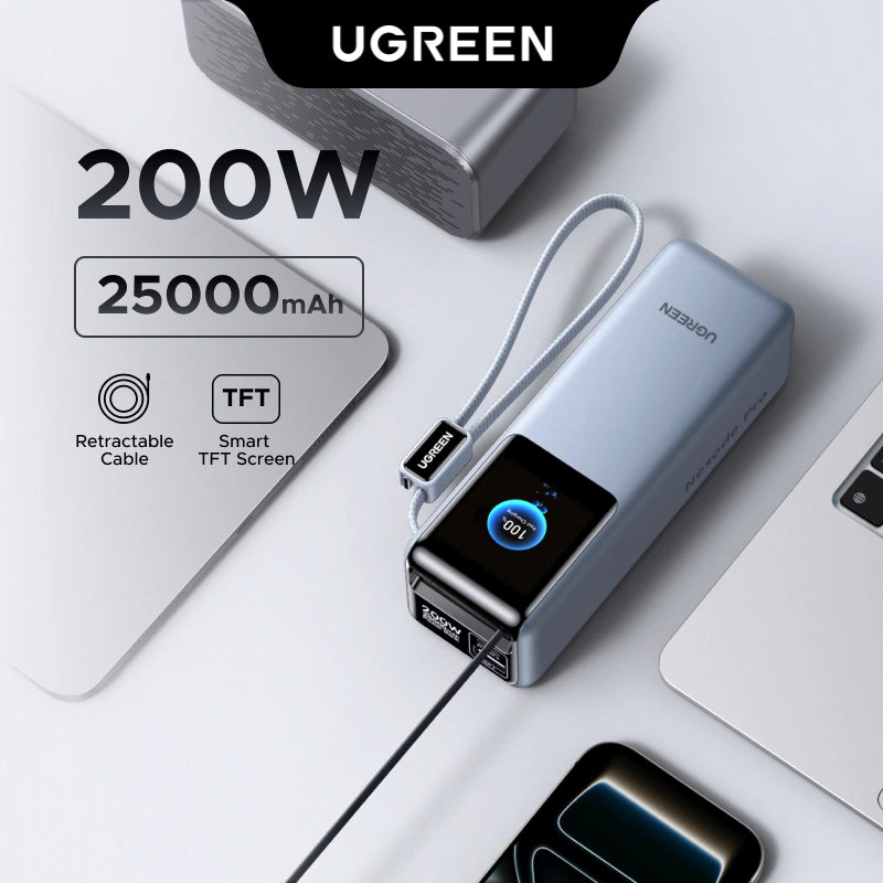 UGREEN 25000mAh – 200W Nexode Pro Power Bank with 35cm Braided Cable + 65cm Retractable Cable – PB728 – 75702B – 1 Year Warranty