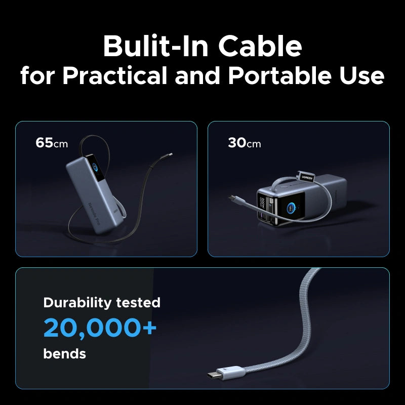 UGREEN 25000mAh – 200W Nexode Pro Power Bank with 35cm Braided Cable + 65cm Retractable Cable – PB728 – 75702B – 1 Year Warranty
