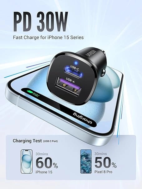 UGREEN 30W Type-C + USB Dual Port Car Charger – EC305 – 25845 – 1 Year Warranty