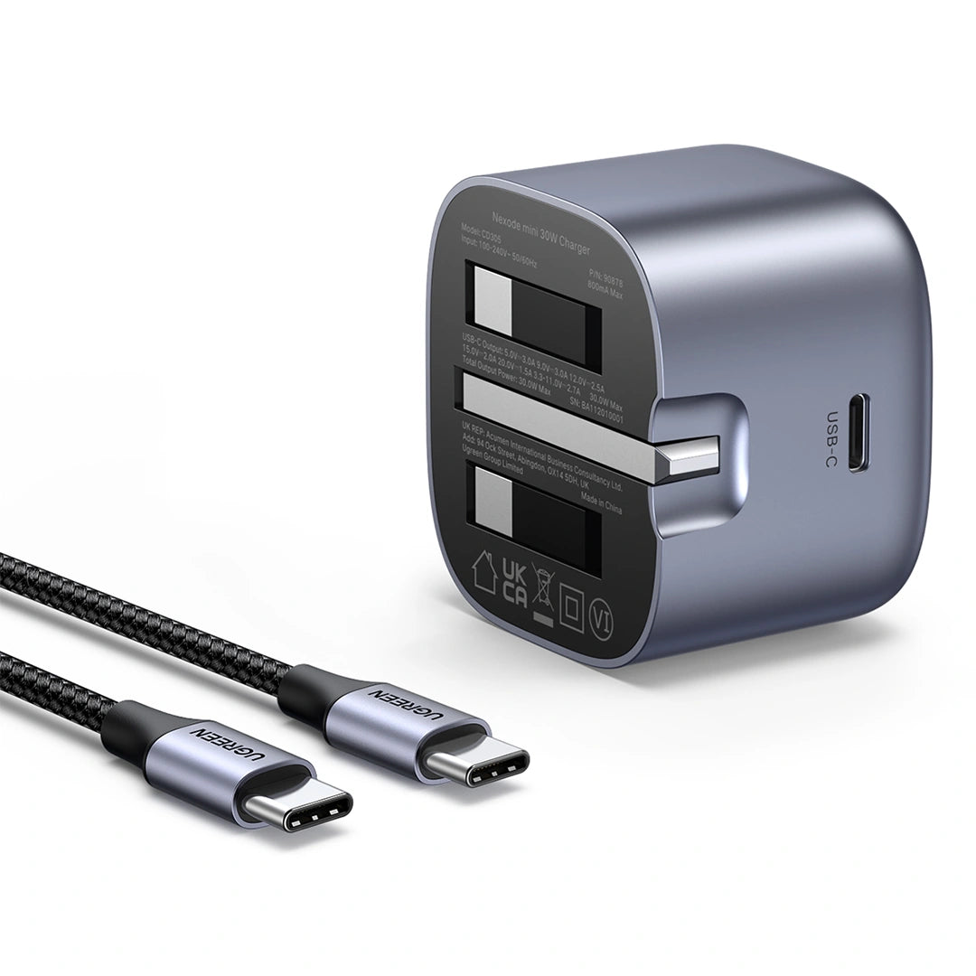 UGREEN 30W USB-C Nexode GaN PD Fast Charger UK (Space Gray) with Type-C to Type-C Cable – CD305 – 25114 – 1 Year Warranty