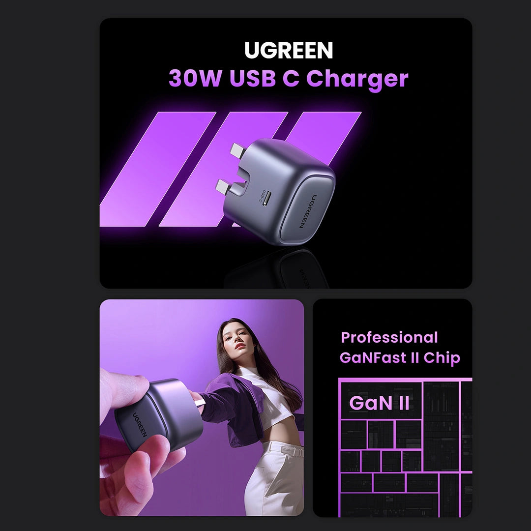 UGREEN 30W USB-C Nexode GaN PD Fast Charger UK (Space Gray) with Type-C to Type-C Cable – CD305 – 25114 – 1 Year Warranty
