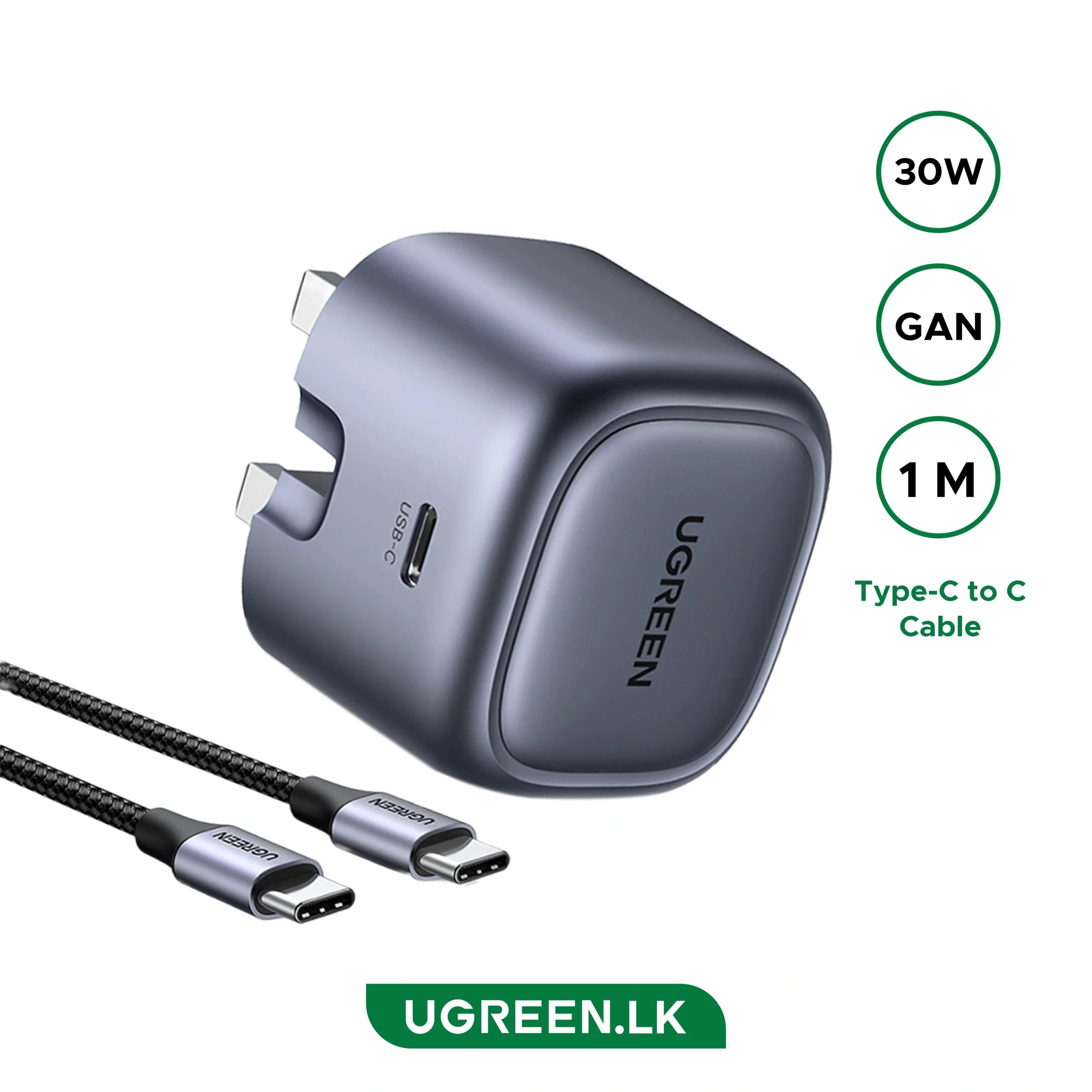 UGREEN 30W USB-C Nexode GaN PD Fast Charger UK (Space Gray) with Type-C to Type-C Cable – CD305 – 25114 – 1 Year Warranty