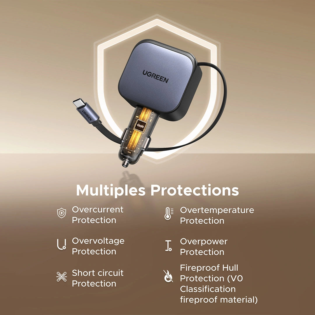 UGREEN 60W Retractable Cable With Type-C+USB Car Charger – EC602 – 55212B – 1 Year Warranty