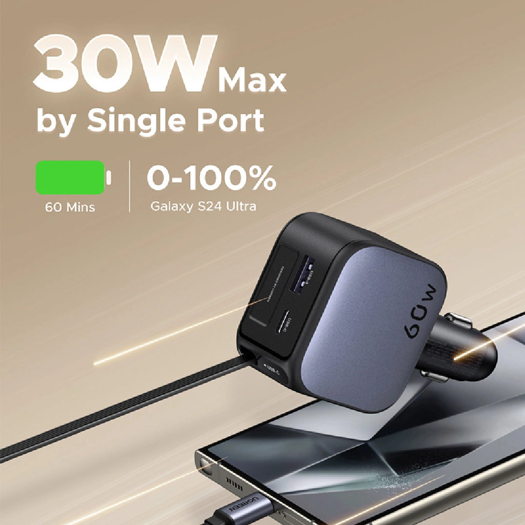 UGREEN 60W Retractable Cable With Type-C+USB Car Charger – EC602 – 55212B – 1 Year Warranty