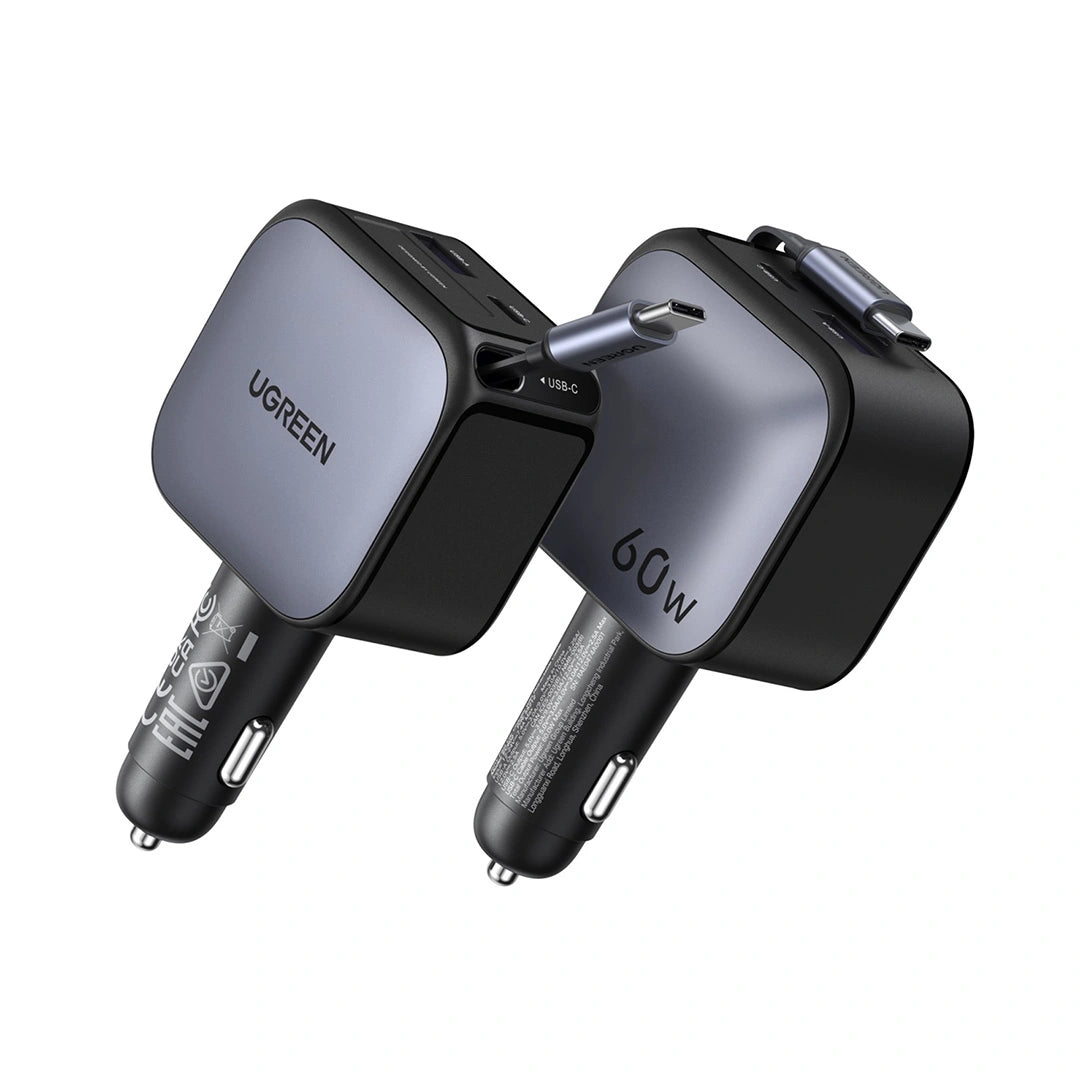 UGREEN 60W Retractable Cable With Type-C+USB Car Charger – EC602 – 55212B – 1 Year Warranty