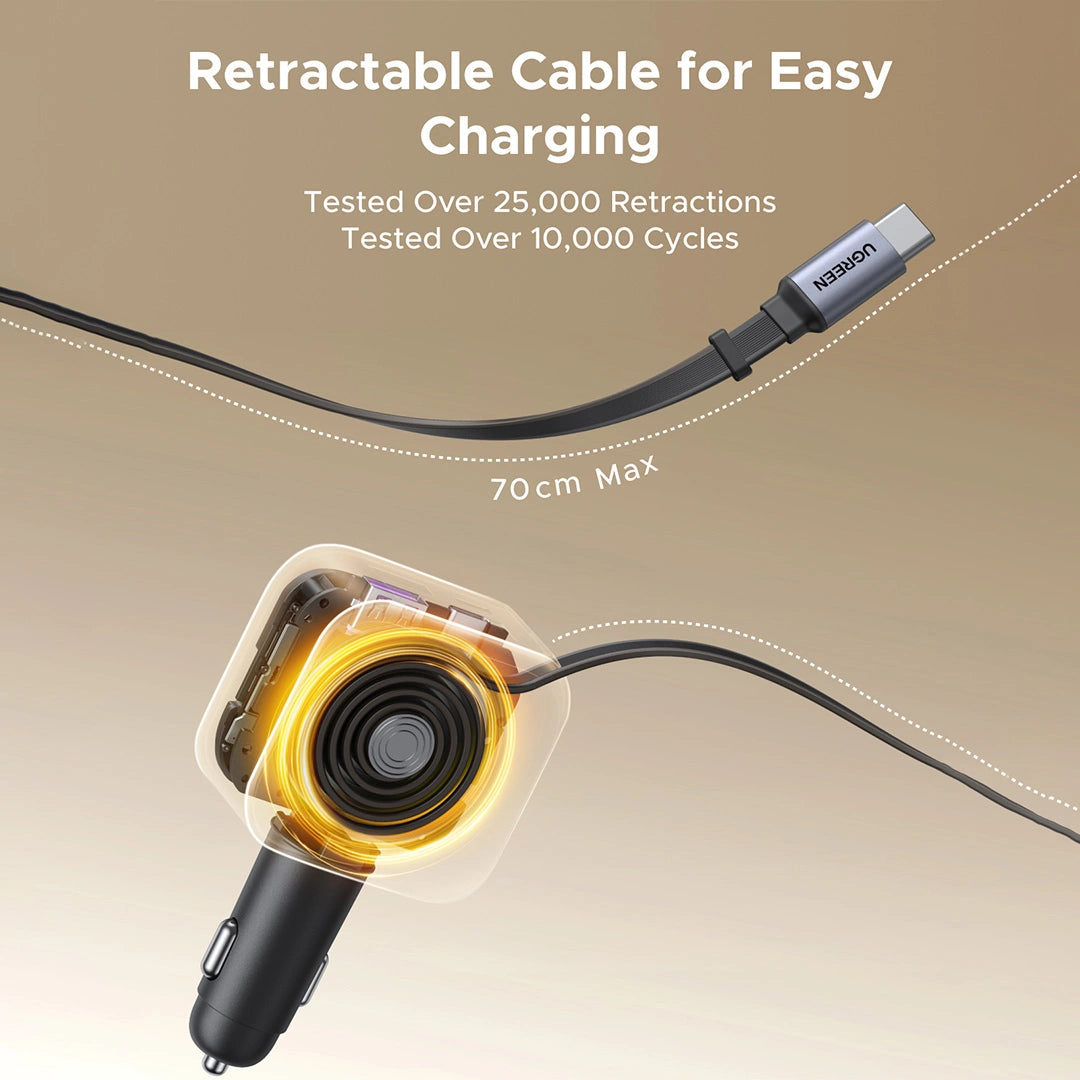 UGREEN 60W Retractable Cable With Type-C+USB Car Charger – EC602 – 55212B – 1 Year Warranty