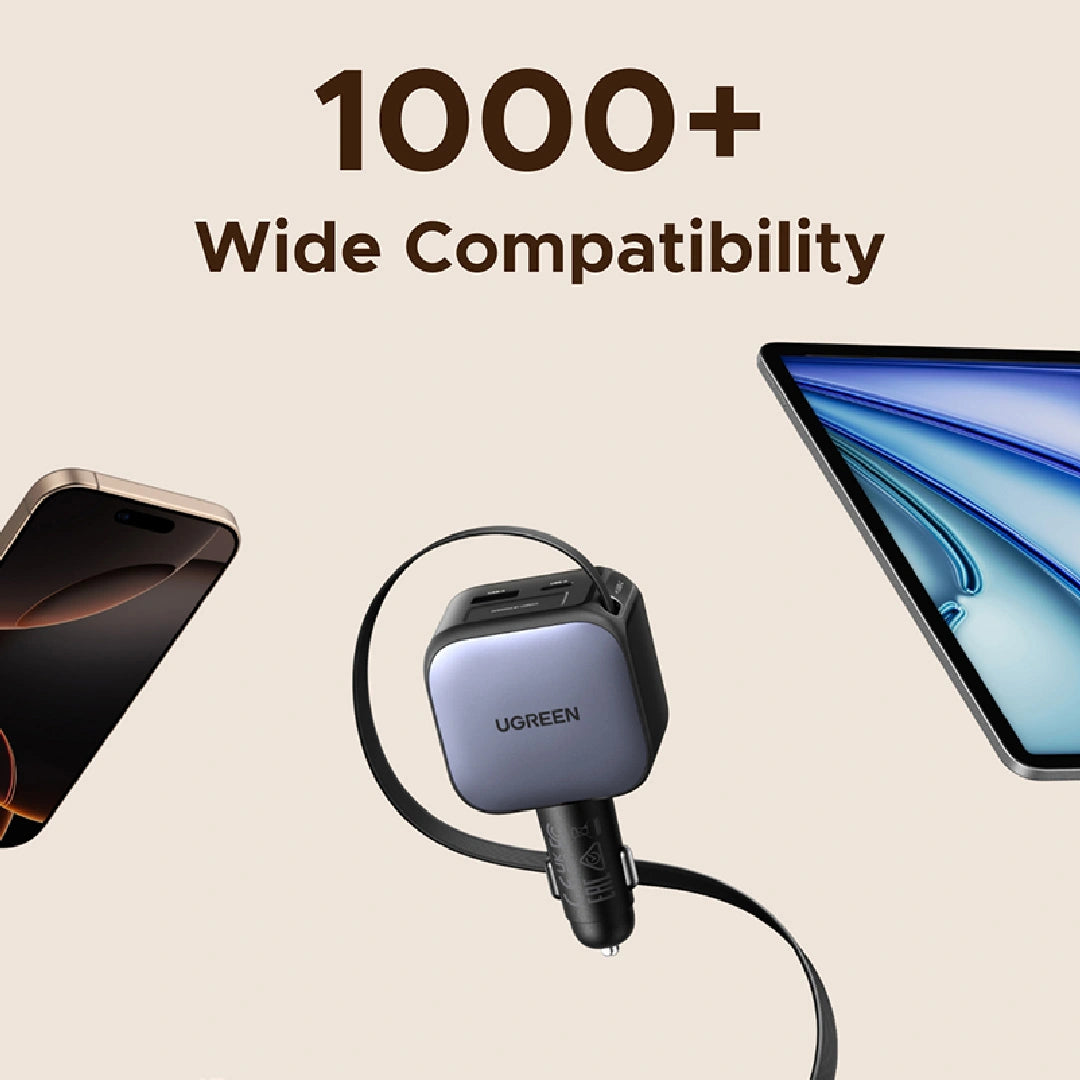 UGREEN 60W Retractable Cable With Type-C+USB Car Charger – EC602 – 55212B – 1 Year Warranty