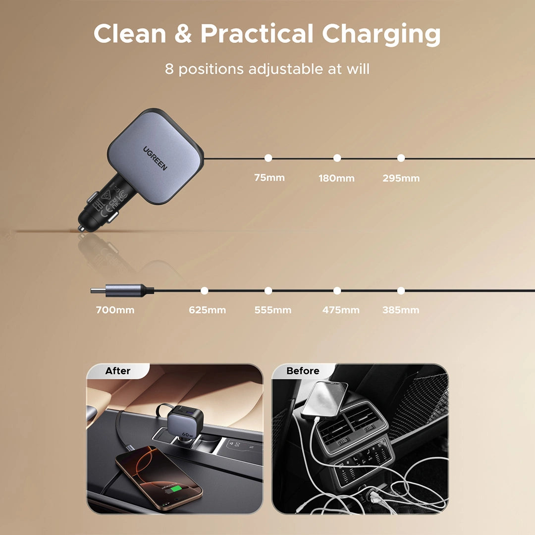 UGREEN 60W Retractable Cable With Type-C+USB Car Charger – EC602 – 55212B – 1 Year Warranty