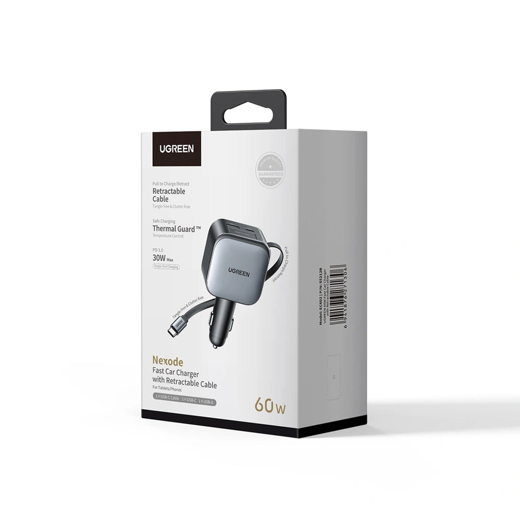 UGREEN 60W Retractable Cable With Type-C+USB Car Charger – EC602 – 55212B – 1 Year Warranty