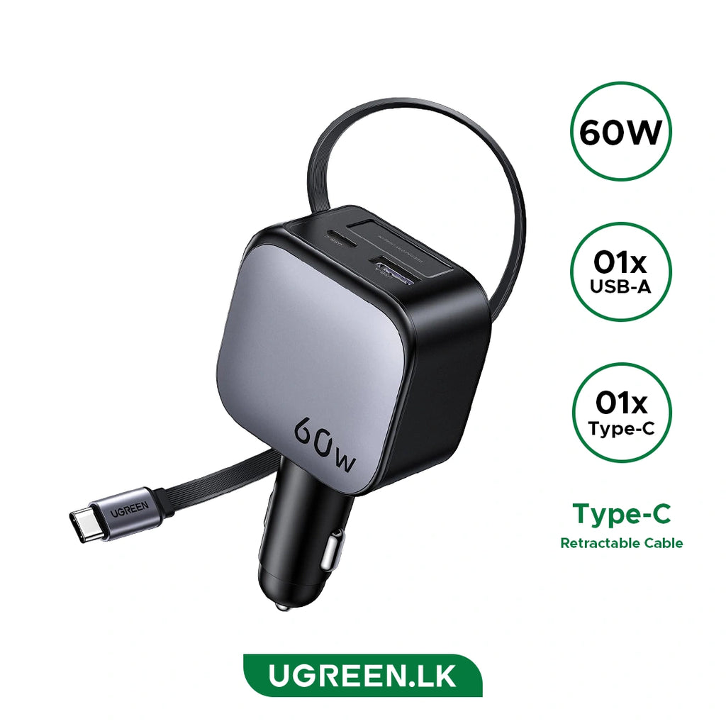 UGREEN 60W Retractable Cable With Type-C+USB Car Charger – EC602 – 55212B – 1 Year Warranty