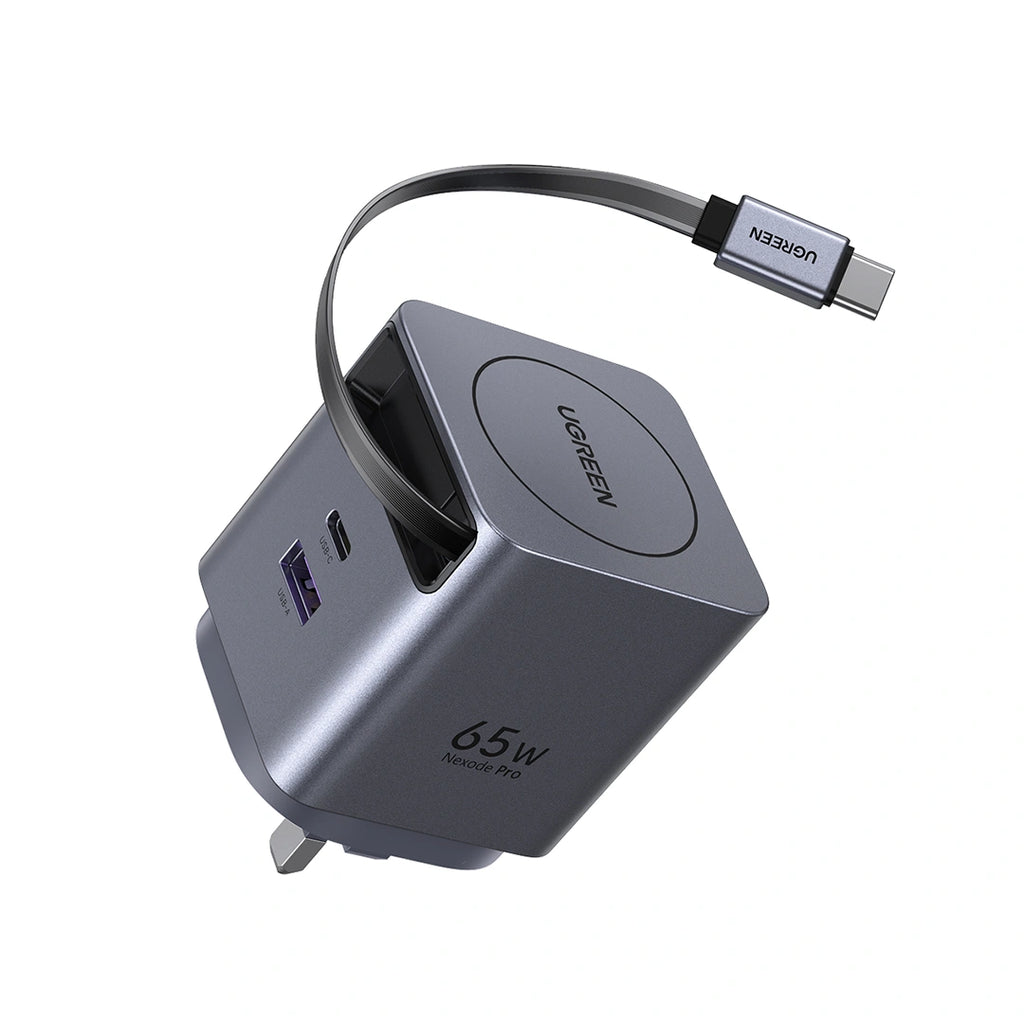 UGREEN 65W Nexode Pro GaN (USB-A*1 + Type-C*1) Fast Charger with Retractable Cable – X615 – 65826 – 1 Year Warranty