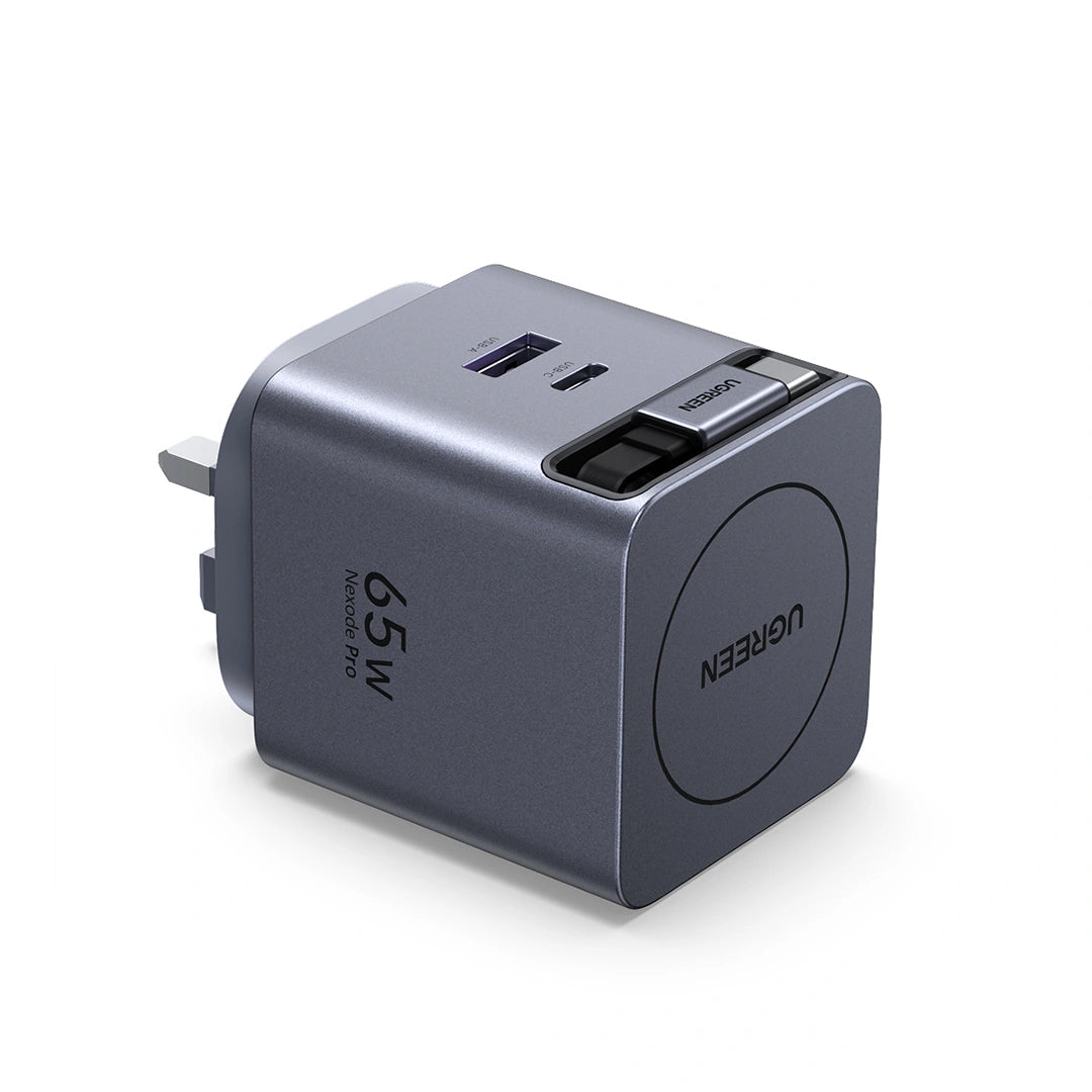 UGREEN 65W Nexode Pro GaN (USB-A*1 + Type-C*1) Fast Charger with Retractable Cable – X615 – 65826 – 1 Year Warranty