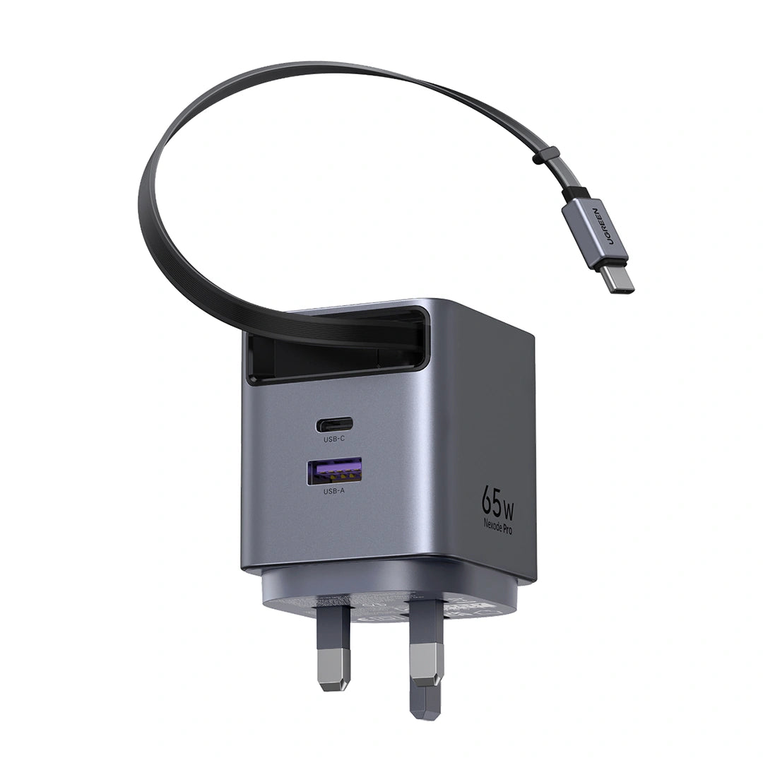UGREEN 65W Nexode Pro GaN (USB-A*1 + Type-C*1) Fast Charger with Retractable Cable – X615 – 65826 – 1 Year Warranty