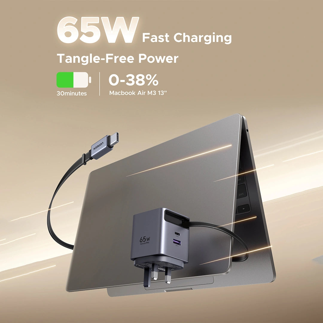 UGREEN 65W Nexode Pro GaN (USB-A*1 + Type-C*1) Fast Charger with Retractable Cable – X615 – 65826 – 1 Year Warranty