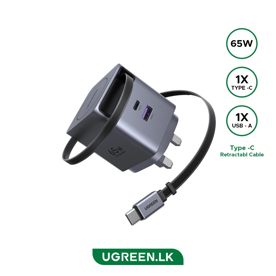 UGREEN 65W Nexode Pro GaN (USB-A*1 + Type-C*1) Fast Charger with Retractable Cable – X615 – 65826 – 1 Year Warranty