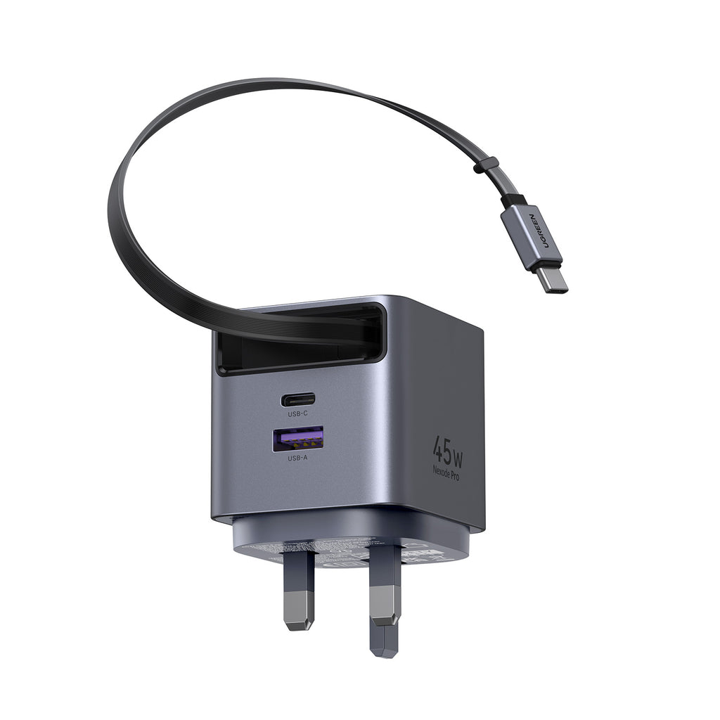 UGREEN 45W Nexode Pro GaN (USB-A*1 + Type-C*1) Fast Charger with Retractable Cable – X614 – 65823 – 1 Year Warranty