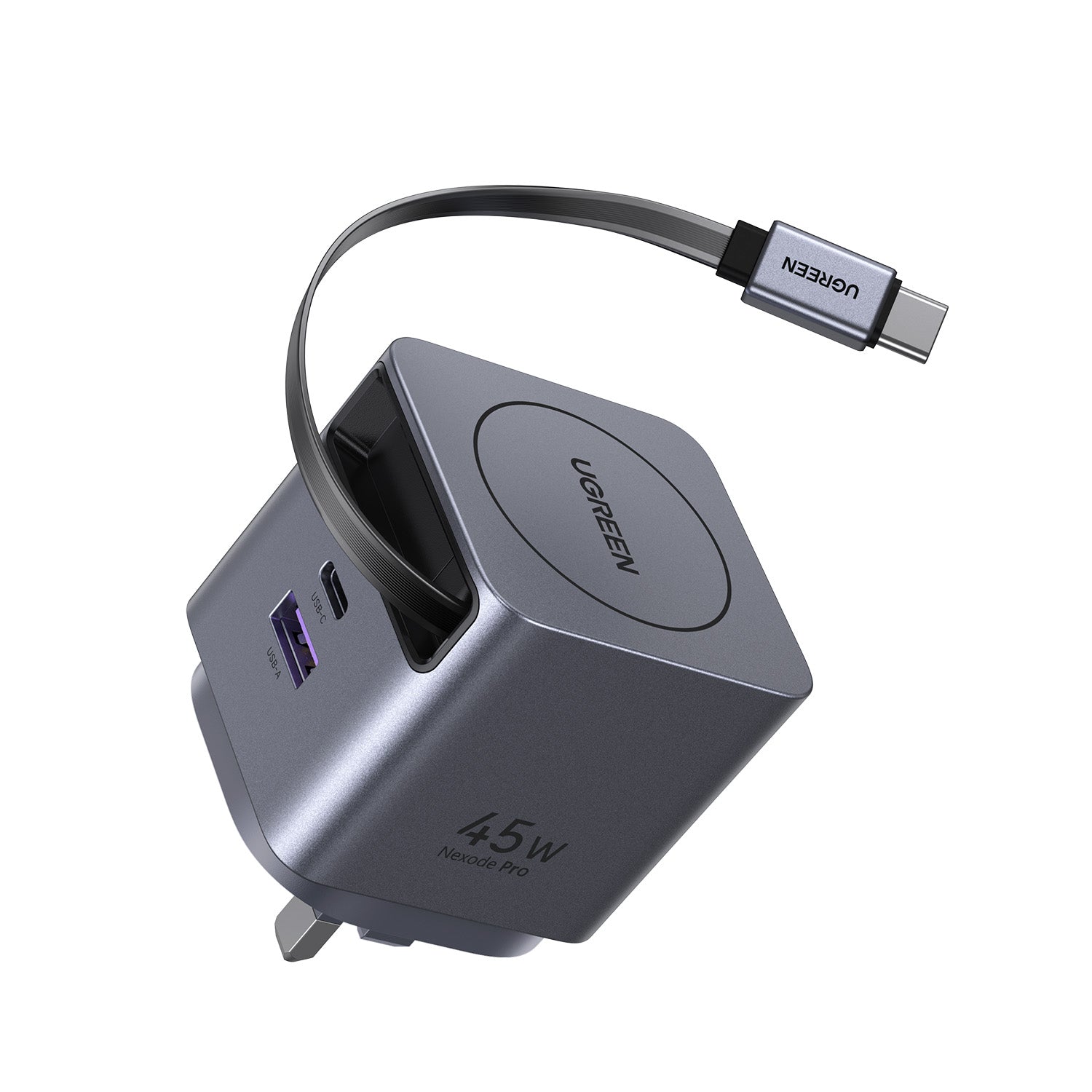 UGREEN 45W Nexode Pro GaN (USB-A*1 + Type-C*1) Fast Charger with Retractable Cable – X614 – 65823 – 1 Year Warranty