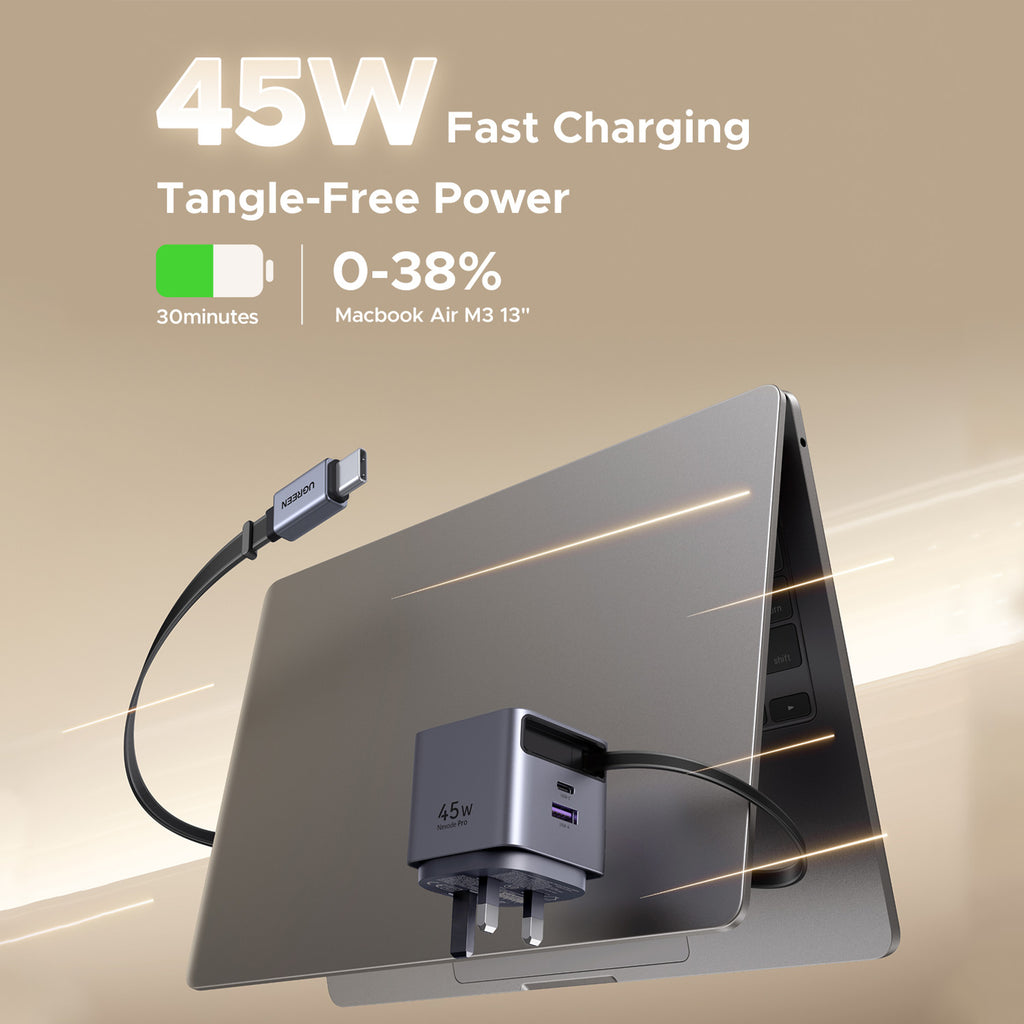 UGREEN 45W Nexode Pro GaN (USB-A*1 + Type-C*1) Fast Charger with Retractable Cable – X614 – 65823 – 1 Year Warranty