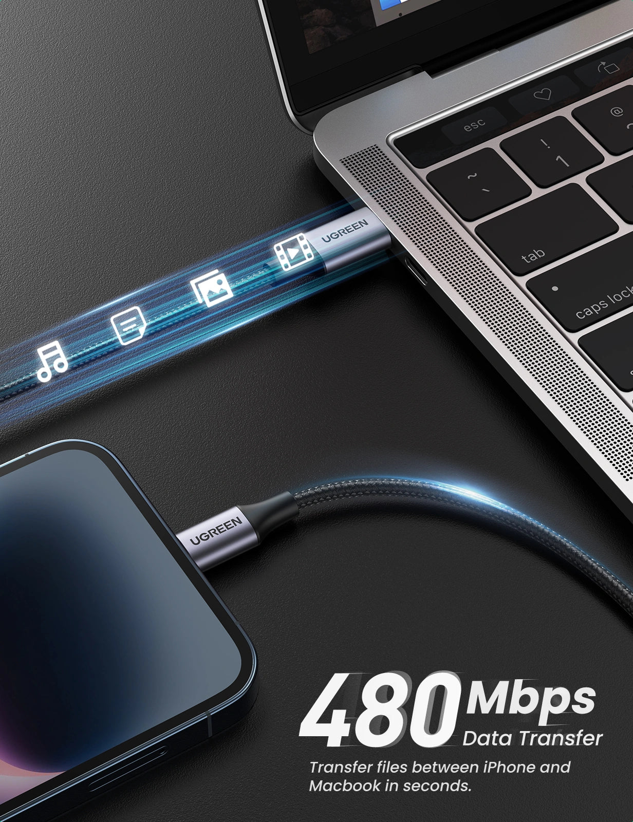 UGREEN 1 Meter MFI Certified Type-C to Lightning Aluminum Shell Braided Cable – US304 – 60759 – 1 Year Warranty