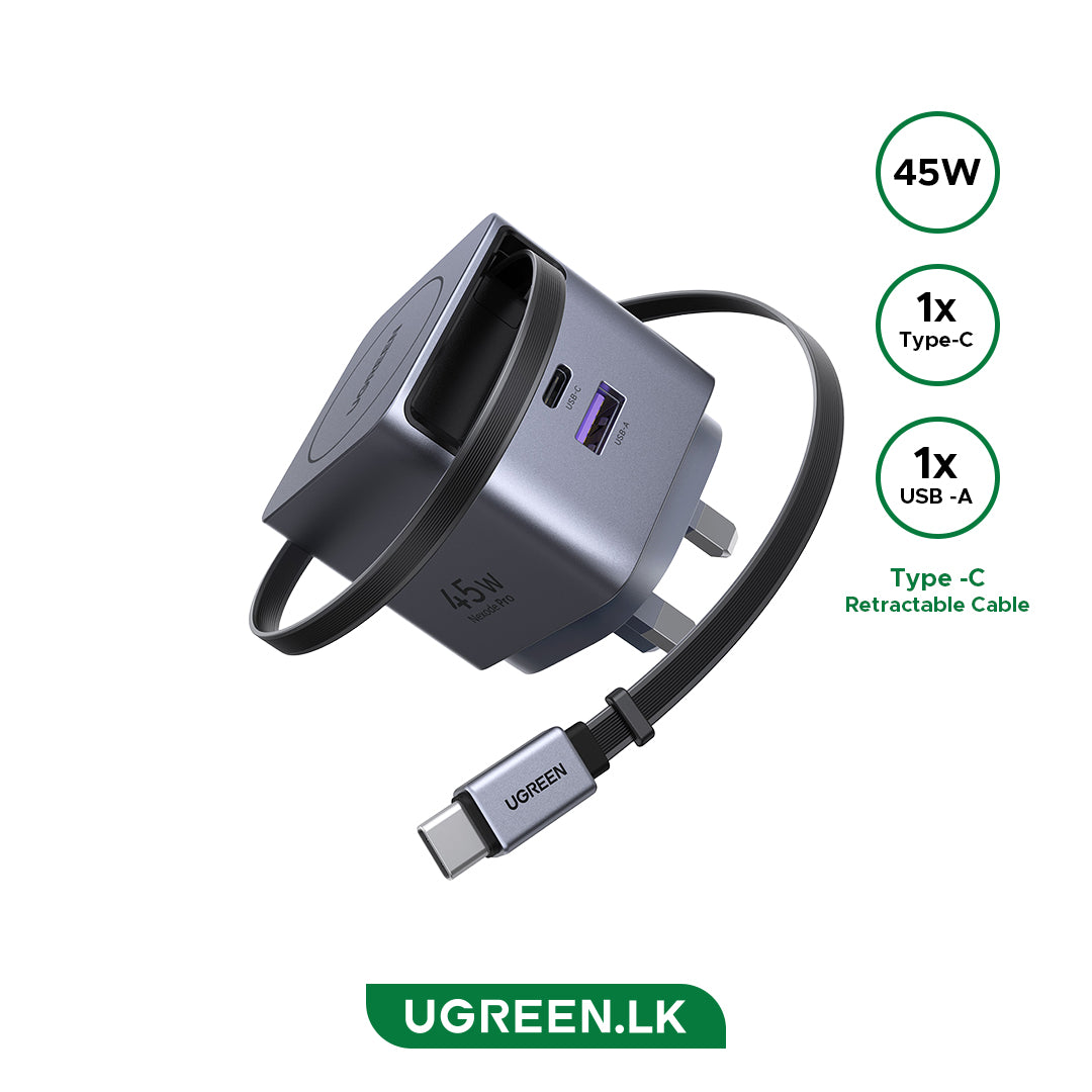 UGREEN 45W Nexode Pro GaN (USB-A*1 + Type-C*1) Fast Charger with Retractable Cable – X614 – 65823 – 1 Year Warranty
