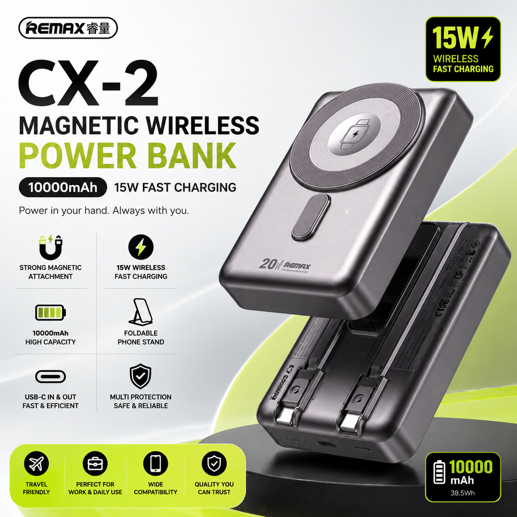 REMAX CX-2 10000mAh Magnetic Wireless Power Bank – 15W Fast Charging with Foldable Stand - 6 Months Warranty